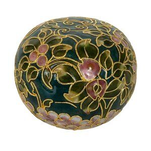 Cloisonné Floral Patterned Round Paperweight Hand Painted Green Pink Gold